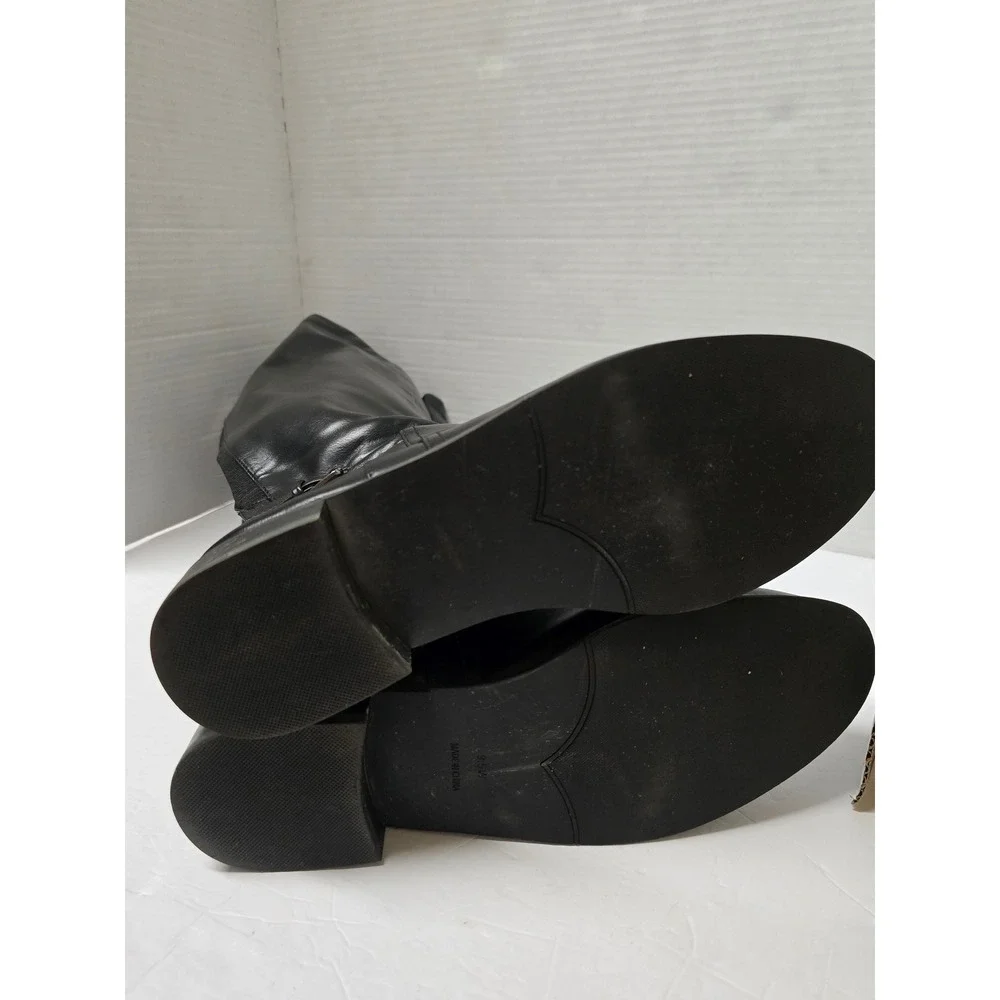 Black Knee High Riding Boots Wide Calf Elastic Gore Buckle Detail Size 9.5W